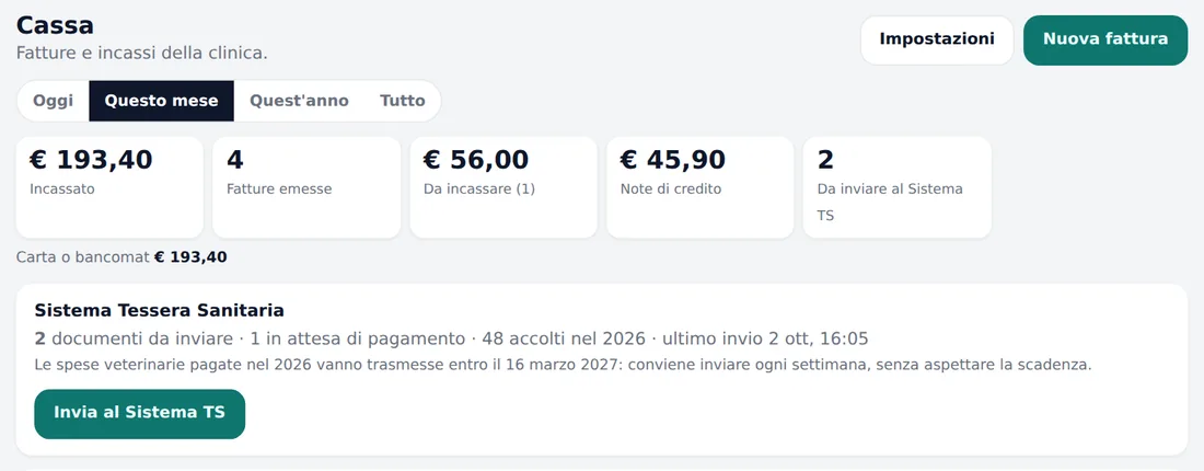 Riquadro Sistema Tessera Sanitaria nella Cassa di Vetroom con le fatture da inviare e il pulsante Invia al Sistema TS